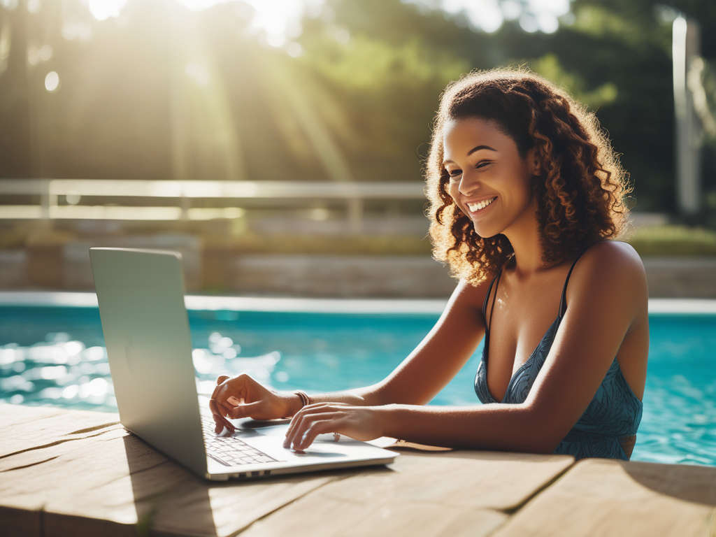 une femme souriante qui travaille sur un ordinateur au bord d'une piscine
